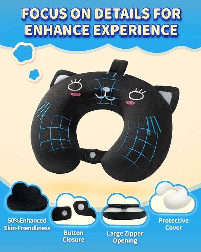 Memory Foam Kids Travel Pillow, Kids Neck Pillows for Travel Car, Cute Airplane Pillow, Washable (Black Cat, 3-5 Y/O)