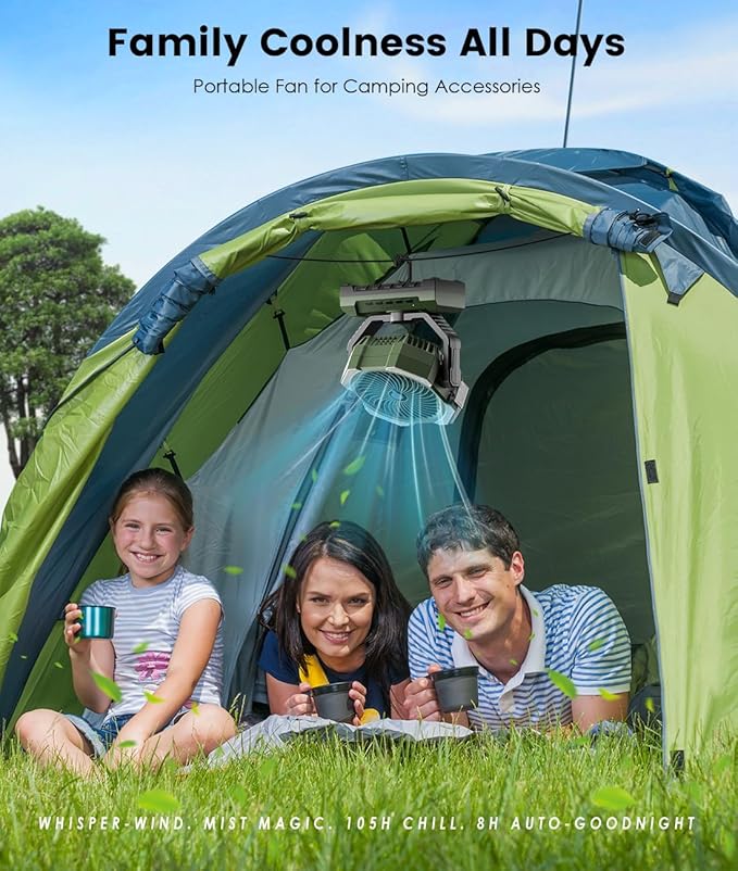 Camping Misting Fan - Portable Rechargeable Fan with 9oz Tank, Light, Hook - Battery Power 120H MAX Working, Fast Cooling, 4 Speed, Timer, Sleep Mode, for Outdoor, Travel, Patios, Beach