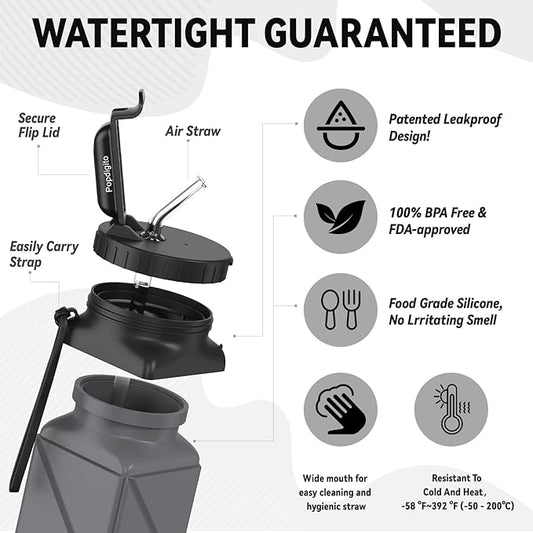 Collapsible Water Bottles 20.6oz Foldable Water Bottle BPA Free Reusable Lightweight LeakProof Travel Silicone Water Bottles for Travel Gym Hiking Camping (Upgrade Dark Grey)