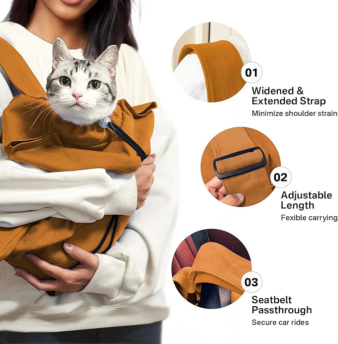 Amkune [Cozy Travel] Cat Carrier Pouch, Soft Sided Cat Sling Bag for Small Medium Cats, Carrying Sack, Restraint for Nail Trimming, Grooming,Caramel Small Upgrade