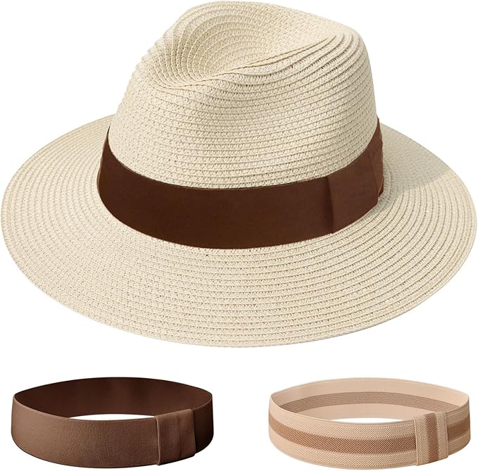 DRESHOW Women Straw Panama Hat Travel Fedora Beach Sun Hat Summer Wide Brim Straw Roll up Hat UPF 50+