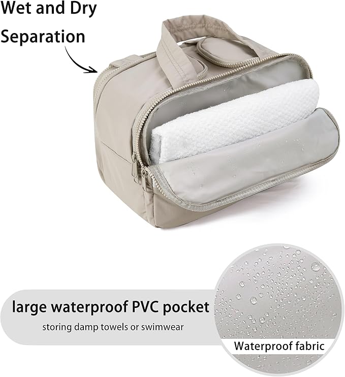 Travel Toiletry Bag for Women, Large Wide-open Puffy Cosmetic Makeup Bag with Wet-Dry Separation, Multi-Pocket Organizer with Carry Handle for Toiletries, Cosmetics, Essentials, Camel