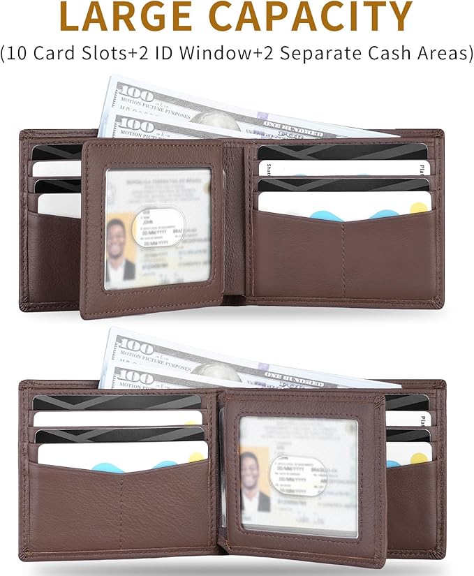 LATKWO Mens Wallet - Genuine Leather Bifold RFID Blocking Slim Front Pocket Large Capacity with 10 Card Slots, 2 ID Windows & 2 Cash Pockets - Heavy Duty Stitched Gift for Men (Brown)