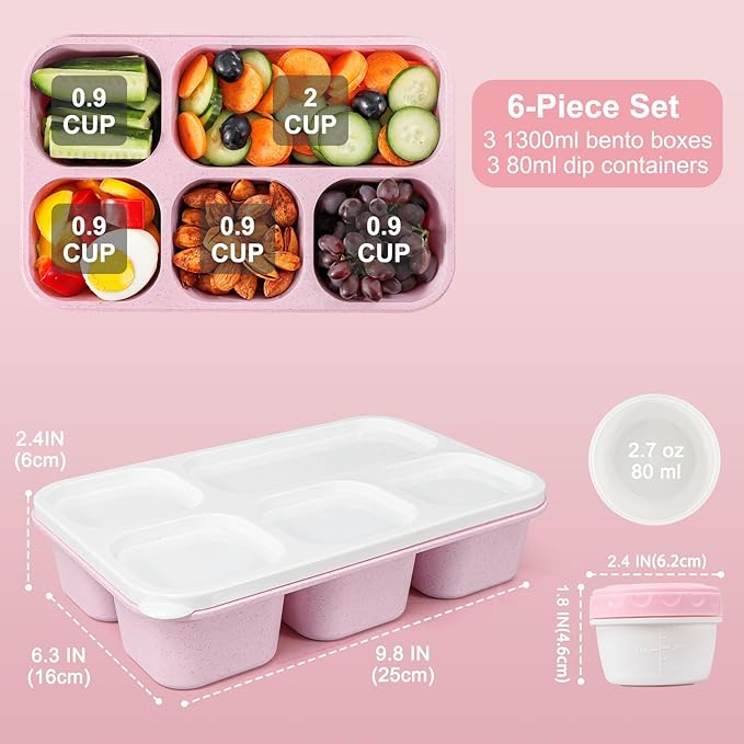 Caperci Bento Box Adult Lunchable Container - Reusable 3-Pack Snack Box Containers with 5-Compartment & 3pc Dressing Cups, BPA-Free Food Storage for Meal Prep, School, Work (Vintage Colors)