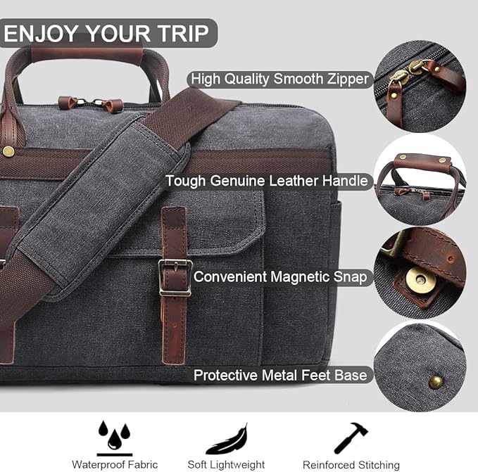 Duffle Bag for Men Waterproof Genuine Leather Canvas Travel Duffel Bags for Women Overnight Weekender Bag for Traveling