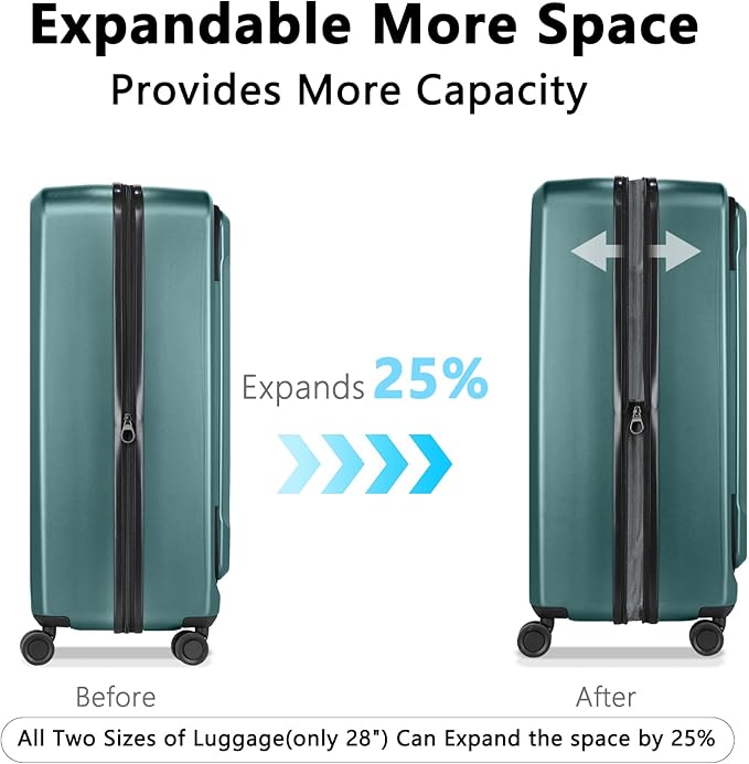 28 Inch Luggage with Spinner Wheels & TSA Lock, Expandable PC Hardside Large Checked Luggage with Top Opening, Durable Lightweight Rolling Suitcase, Green