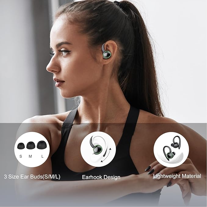 Wireless Earbuds, Bluetooth 5.4 Headphones Sport, Over Ear Buds With ENC Noise Cancelling Mic, 48H, Wireless Earphone With Earhooks, Stereo Deep Bass, IP7 Waterproof Headset for Workout Running, Black