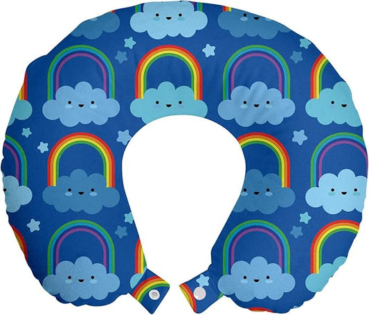 Ambesonne Cartoon Travel Pillow Neck Rest, Rainbow Clouds Along Stars Dreaming Sleeping Shower Night Time, Memory Foam Traveling Accessory for Airplane and Car, 12", Cobalt Blue
