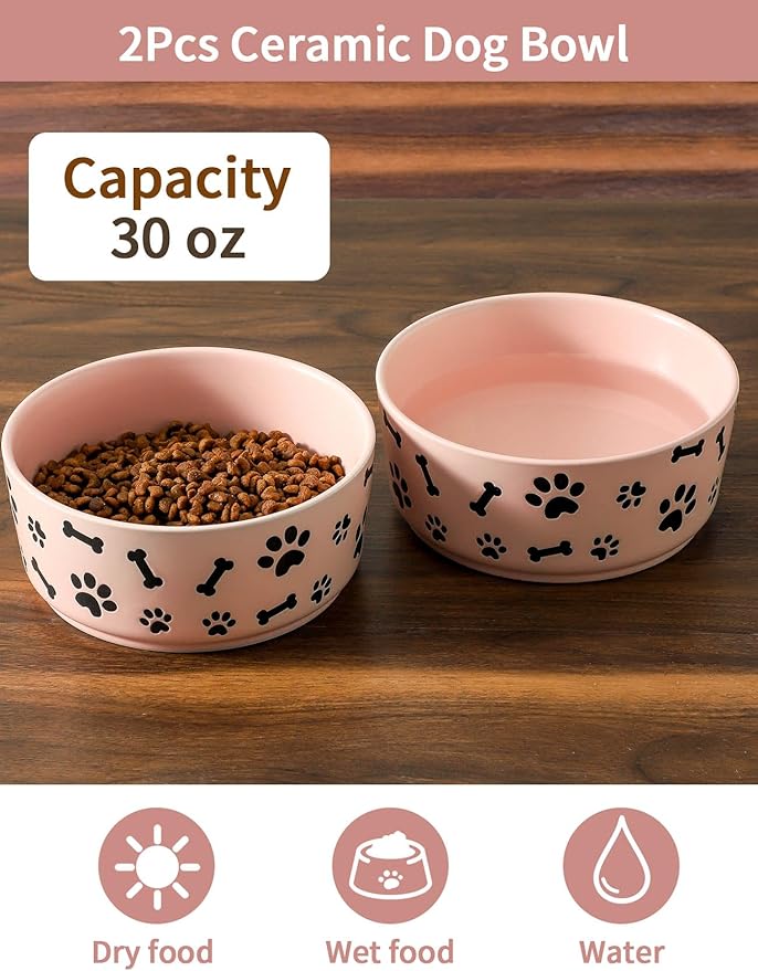 UBEE Ceramic Dog Bowl Set of 2, 6.5 inch Dog Food Bowl Dish with Bone Paw Pattern, Pet Food Water Dish Feeding for Small and Meidum Dogs and Large Cat, Pink