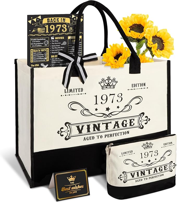 YeohJoy 52nd Birthday Gifts for Her Canvas Tote Bag Travel Gear, Unique 52 Years Old Birthday Gifts for Girlfriend Sister Friends Women, Vintage 1973 Handbag & Cosmetic Bag & Back in 1973 Poster