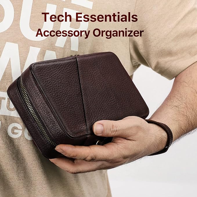 Electronic Organizer Case Tech Kit, Top Grain Leather Handmade, Portable Compact Travel Electronic Accessories Storage Case Fits Phone, USB Cables, Chargers, Hard Drive, Cards, Apple pencil