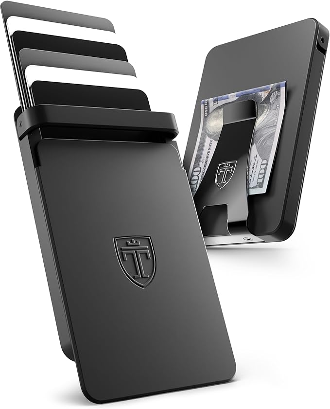 TRAVANDO SLYDE Aluminum Card Holder - RFID Blocking Slim Wallet for Men with Money Clip – Holds Up to 6 Cards – RFID Protected Credit Card Mens Wallet (Black)