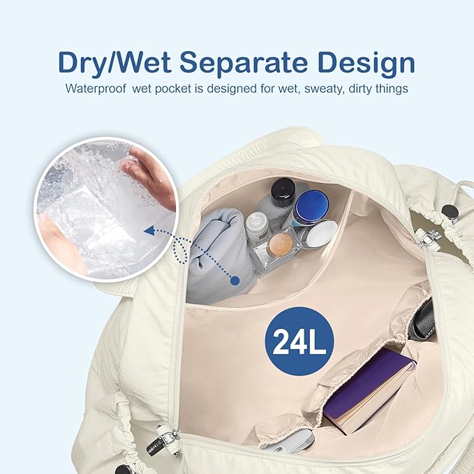 TOPDesign Travel Duffel Bag for Women, Puffer Gym Bag Sports Tote with Wet Pocket, Carry On Weekender with Luggage Sleeve (Ivory White)