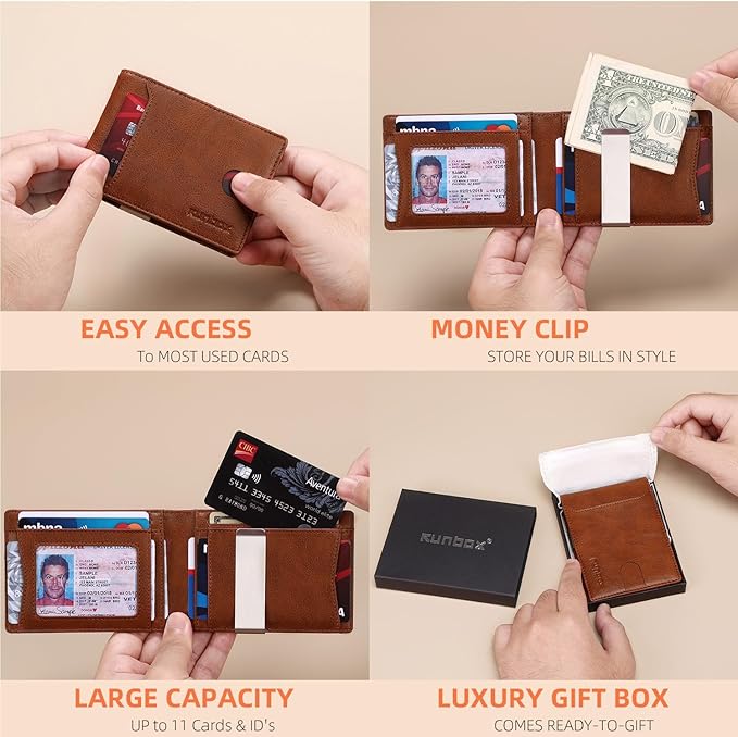 RUNBOX Slim Wallets for Men - Leather Money Clip Mens Wallet - RFID Blocking Front Pocket Bifold Wallet - Thin Credit Card Holder with Gift Box