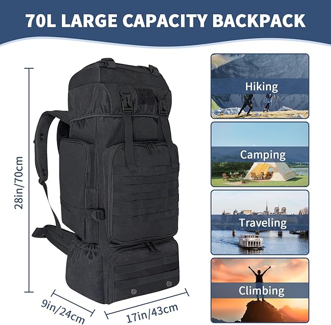 Vaupan 70L Hiking Backpack for Men Women Camping bag with Shoe Compartment Large Military Tactical Backpack, MOLLE Rucksack Sport Travel Backpacking Daypack (Black)