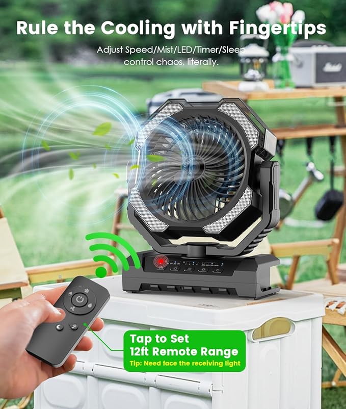 Misting Fan - Portable Battery Powered Fans with 9oz Water Tank, Light, Hook - Rechargeable, 120H Cooling, Last 5H Mist, 4 Speed, Sleep Mode - Outdoor Fan, for Camping, Travel Essentials