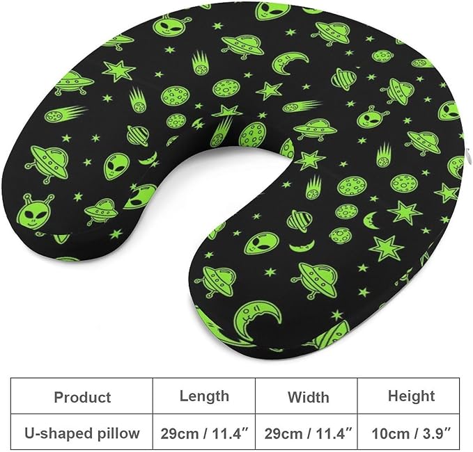 Memory Foam Travel Pillow Chin Head Support Cushion Alien Funny Spaceships Planet Green Black, Washable Removable Cover for Airplane Car Outdoor Sleep