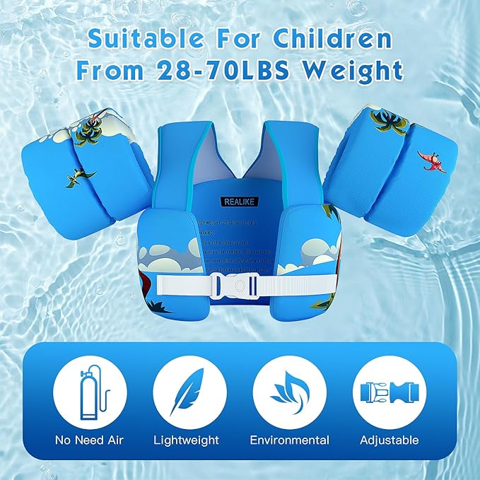 REALIKE Kids Swim Vest for Toddler Floaties Swimming Aids with Shoulder Harness Arm Wings for Children/Infant/Baby,Sea Beach/Pool/Lake, Suitable for 28-70lbs Boys/Girls