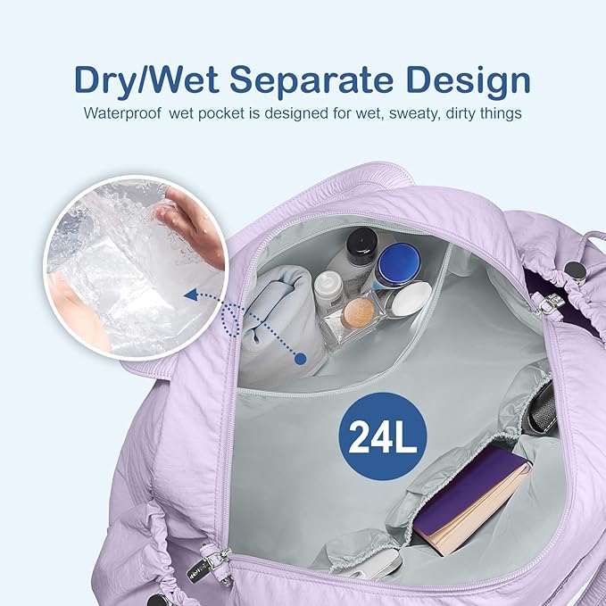 TOPDesign Travel Duffel Bag for Women, Puffer Gym Bag Sports Tote with Wet Pocket, Carry On Weekender with Luggage Sleeve (Light Purple)