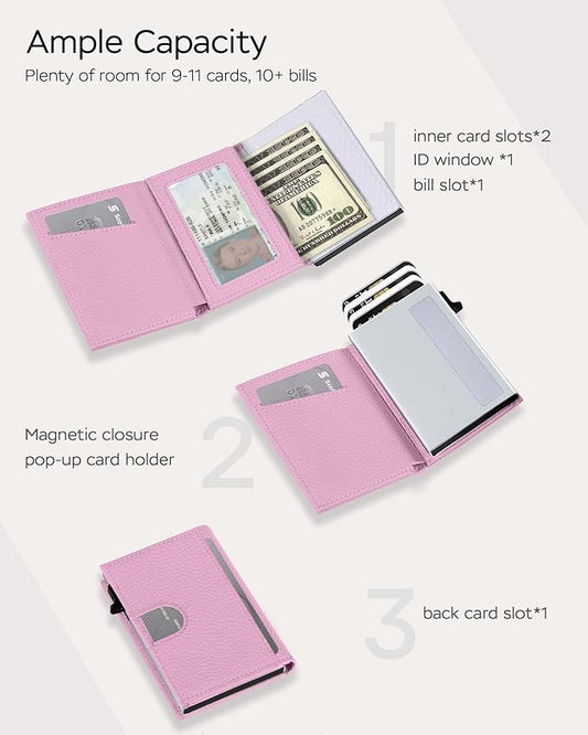 Vast Scenery Women's Small Wallet - Soft Sakura Pink Aesthetic, RFID Blocking Smart Metal Pop Up Card Holder, Ultra Slim Fits Most Bags & Pockets, Holds 11+ Cards 10+ Bills, Gift for Her