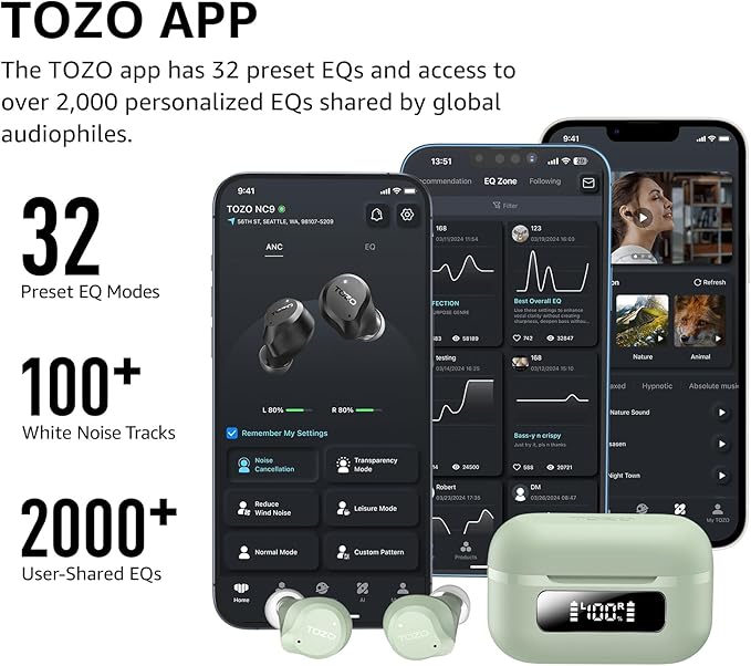 TOZO NC9 Hybrid Active Noise Cancelling Wireless Earbuds, 6 Mics ENC Clear Call, IPX8 Waterproof, in Ear Bluetooth 5.3 Headphones Stereo Bass Ear Buds 60H Playtime with LED Display 32 EQs via APP