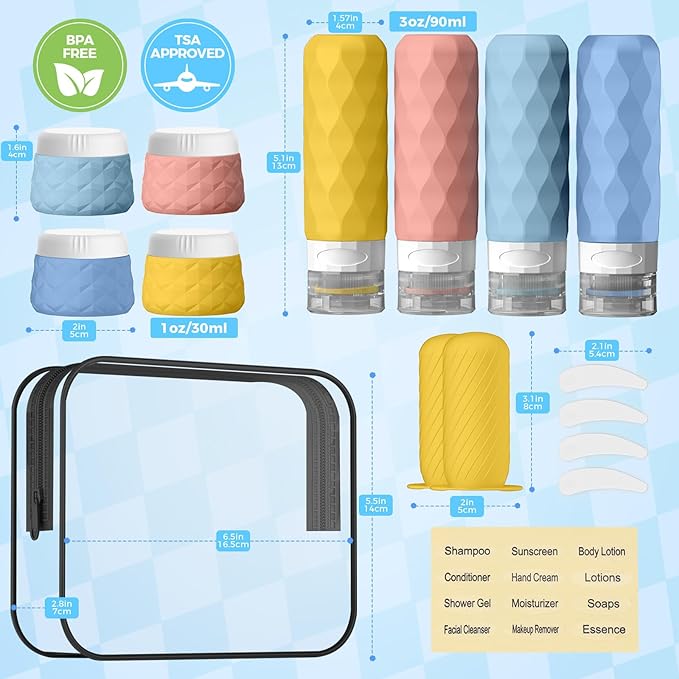 16Pack Travel Bottles for Toiletries, TSA Approved Travel Size Toiletries Containers Set, Silicone Leak Proof Refillable Bottles Elastic Sleeves Creams Jars Accessories Kit W/Clear Bag (Bright)