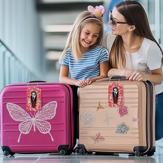 2 Pcs Horror Movie luggage tag, Suitcase Tags with Privacy Flap and Metal Loop, Ghost Spooky Movie Fans Luggage Tags for Suitcases, Identifiers Travel Essentials Bag Tags for Luggage, Gifts for Friend
