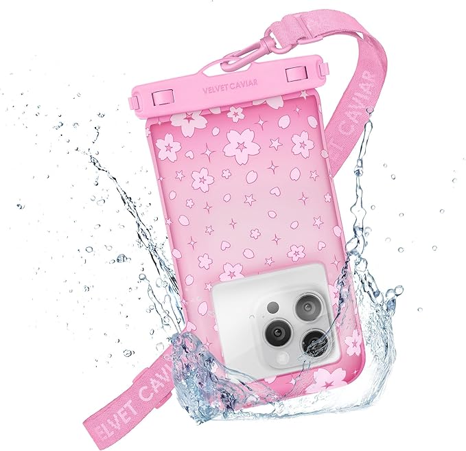 VELVET CAVIAR Waterproof Phone Pouch with Lanyard | IP68 Floating Case for iPhone & All Phones | Dry Bag for Snorkeling, Beach, Kayaking | Travel & Cruise Essentials for Women (Pink Cherry Blossom)