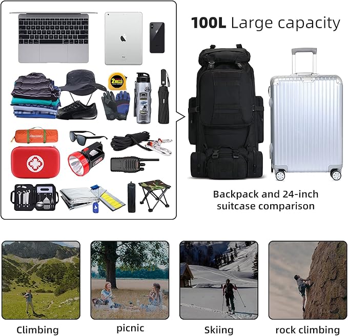 HongXingHai 100L Camping Hiking Backpack,Molle military Tactical rucksack backpack,Waterproof Lightweight Hiking Backpack (Black)