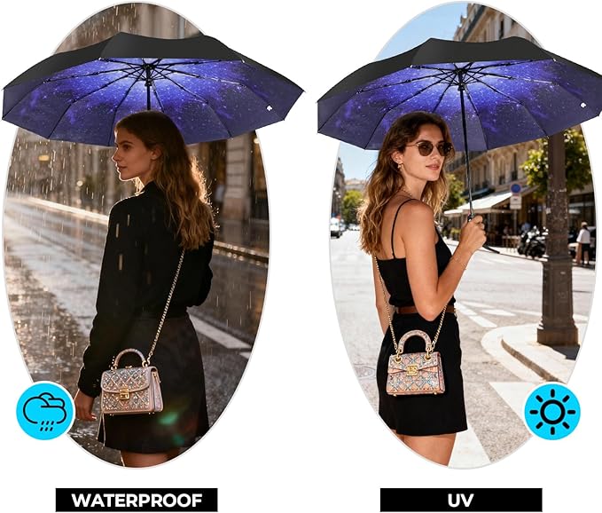 LLanxiry Compact Travel Umbrella, Automatic Open/Close Windproof Umbrella, 10 Fiberglass Ribs, 210T Pongee, UPF 50+ Sun/Rain, Lightweight Portable Umbrellas Travel Size with Carry Sleeve