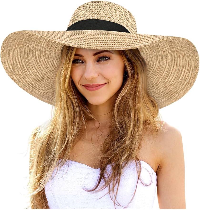 Senker Fashion Sun Hats for Women Oversize Wide Brim Straw Beach Hat Floppy Foldable Roll-Up Summer Vacation UPF 50+
