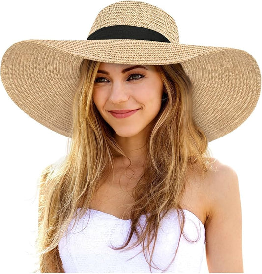 Senker Fashion Sun Hats for Women Oversize Wide Brim Straw Beach Hat Floppy Foldable Roll-Up Summer Vacation UPF 50+