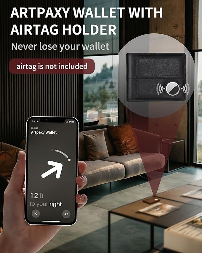 Mens Wallet With AirTag Holder, Bifold Leather RFID Blocking 1-2 ID Windows 12-13 Card Holders, Gift Box and Screen Protector Included, AirTag Not Included