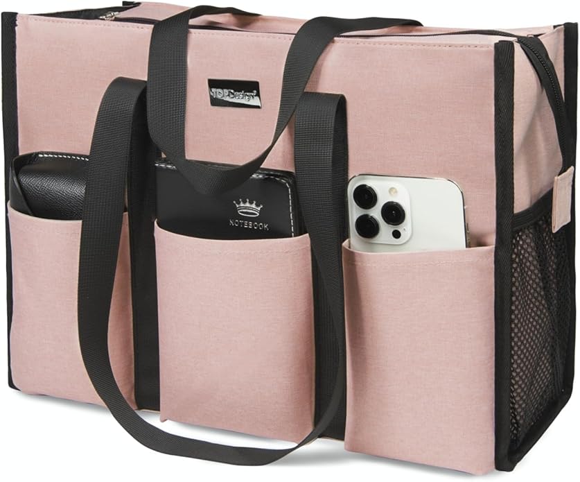 TOPDesign Utility Water Resistant Tote Bag with 13 Pockets, Top Zipper Closure & Thick Bottom Support, for Working Women