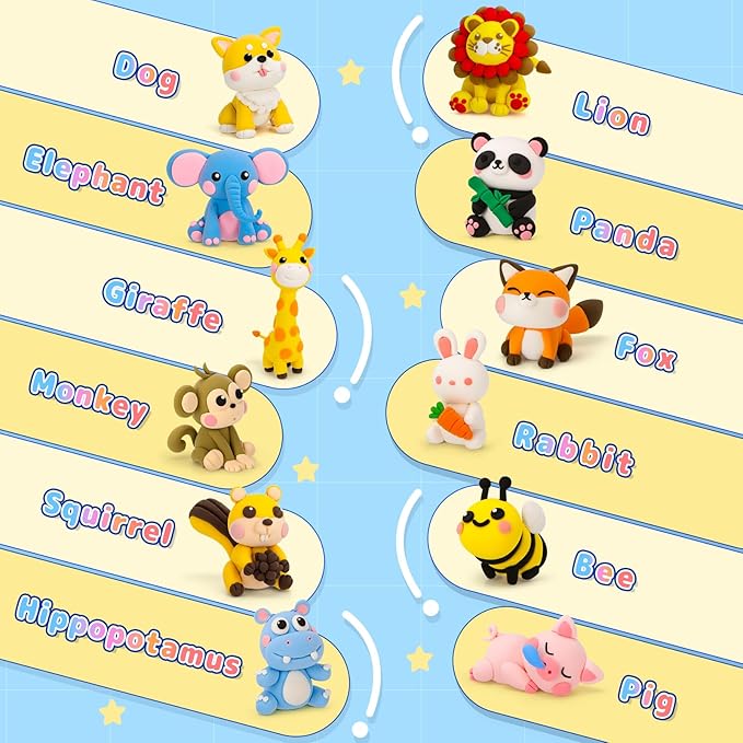 Air Dry Clay Kits, Modeling Clay for Kids with Sculpting Tools and Tutorials, Modeling Magic 12 Animals Arts Crafts Kits, Safe and Non-Toxic DIY Christmas Gift for Kids Toys for Girls