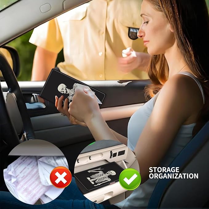 Leather Car Registration and Insurance Card Holder, Cute Car Accessories Vehicle Glove Box Car Organizer for Documents, Cards, License Funny Skull Pattern