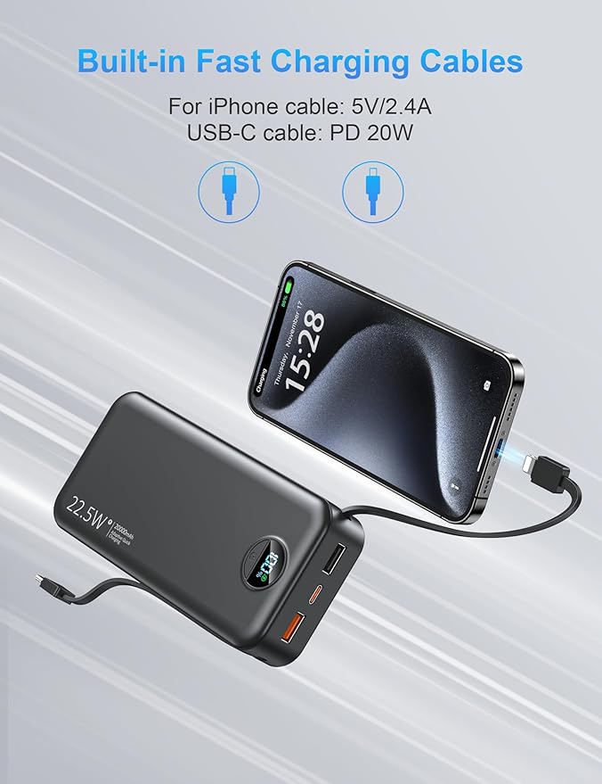 Portable Charger with Wall Plug, 20000mAh USB C Fast Charging Power Bank, External Battery Pack with Built in Cables, Digital Display, 5 Output 2 Input for iPhone Android Cell Phone Tablet