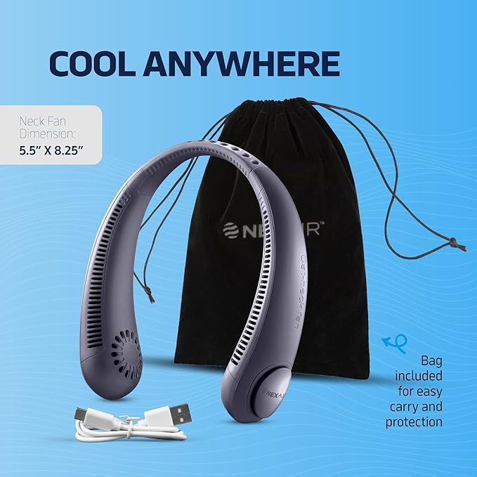 NEXAIR Portable Neck Fan - 3 Speed Rechargeable Bladeless Neck Fan, Adjustable Personal Black Neck Fan For Women & Men Modern Design, Great Cooling Fan For Travel, Indoor, Outdoors & Sports (Blue)