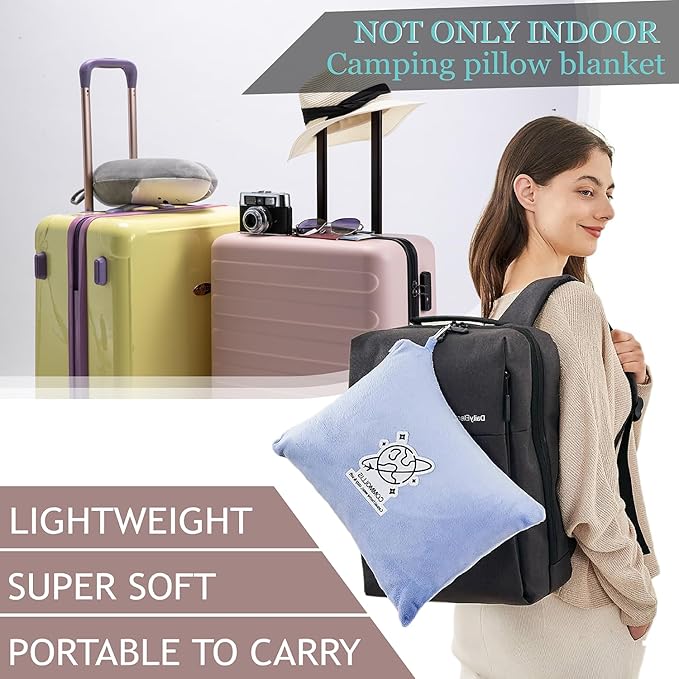 Commollis 2-in-1 Travel Blanket & Pillow for Airplane, Car, Train - Warm Compact Flight Blanket with Luggage Strap & Backpack Clip, Machine Washable, All-Season Use