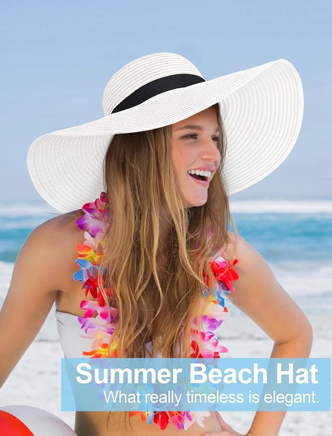 Senker Fashion Sun Hats for Women Oversize Wide Brim Straw Beach Hat Floppy Foldable Roll-Up Summer Vacation UPF 50+
