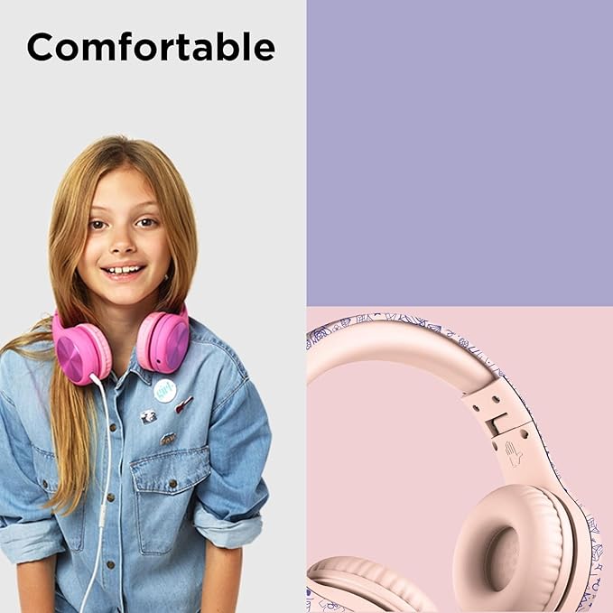 LilGadgets Connect+ Pro Wired Kids Headphones for School with Microphone, Volume Limiting Over-Ear Headset with Cord, SharePort Technology & SoftTouch Padding, Girl Power