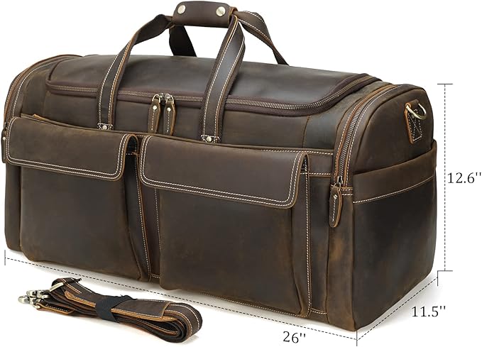 Polare 26" Full Grain Cowhide Leather Large Duffle Weekender Overnight Travel Duffel Bag For Men 62L