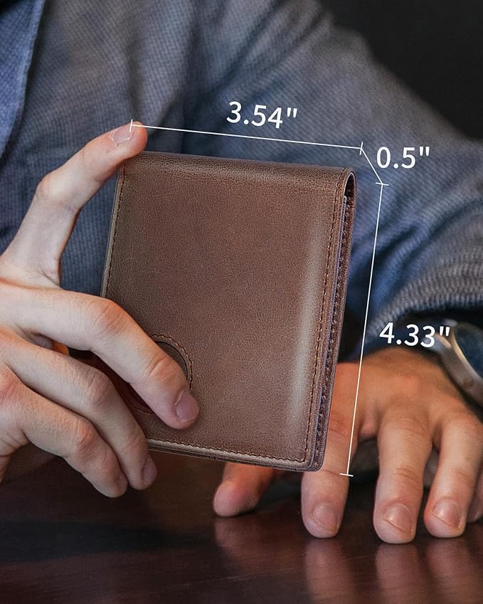 Mens Wallet with AirTag Holder, Genuine Leather Bifold RFID Blocking Wallet for Men - 2 ID Window 13 Cards Holders 1 Gift Box, AirTag Not Included
