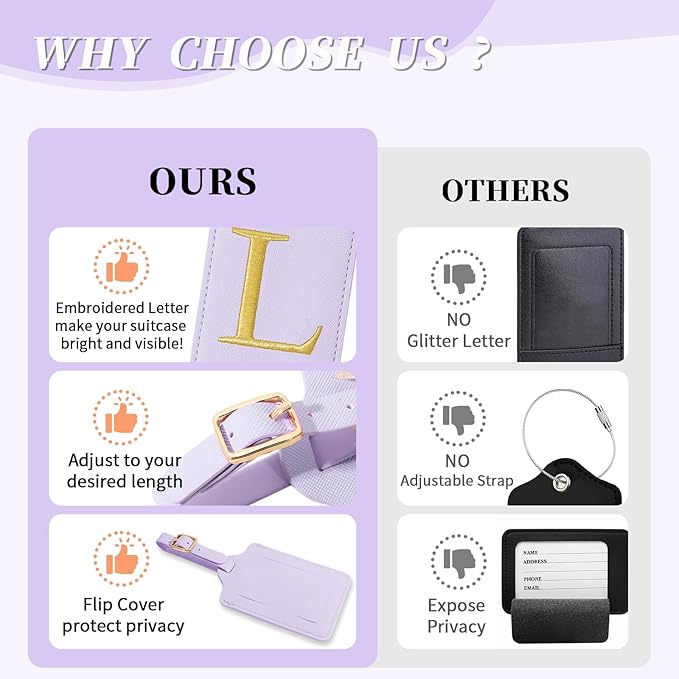 Personalized Initial Luggage Tags for Suitcase, Purple Leather Cute Luggage Tags with Privacy Cover Name Card, Embroidered Custom Monogrammed Luggage Tag Travel Backpack Tags Gifts for Women Kids(L)