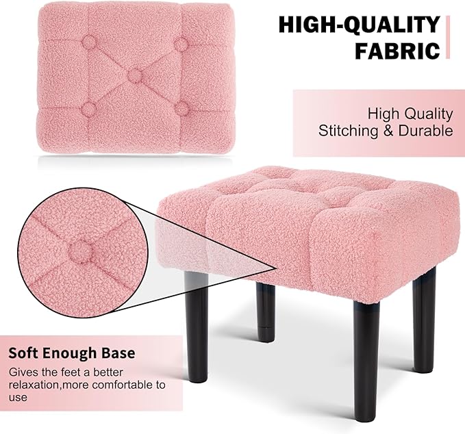 HOUCHICS Fur Padded Foot Stool, Small Ottoman Foot Rest with Wooden Legs,Modern Rectangle Chair Foot Rest Foot Step Stool for Living Room, Couch, Desk(Pink)