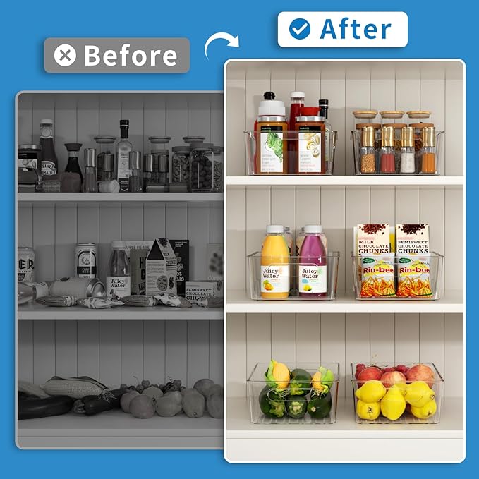 Mpotmiy 6 Pack Pantry Organizers and Storage,Clear Plastic Containers with 2 Dividers for Kitchen,Fridge Organization and Storage,Acrylic Bins for Pounches,Spice Packet,Snack organzier