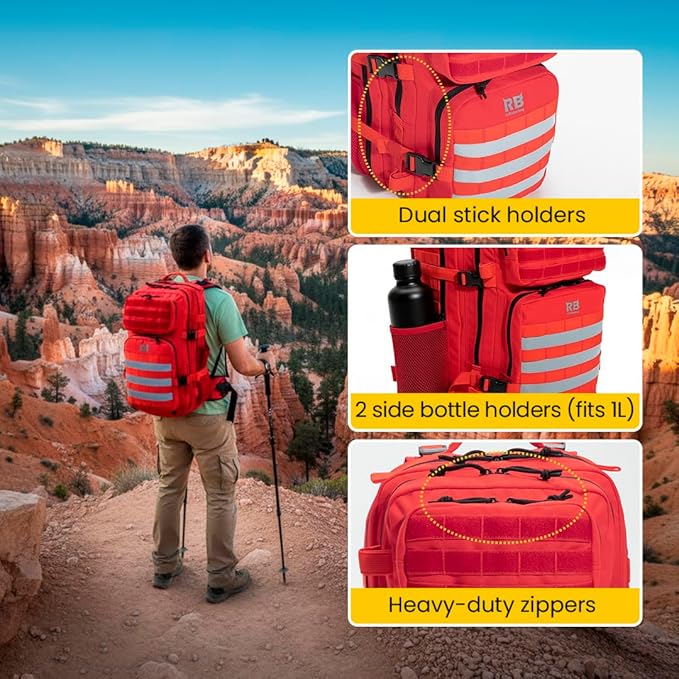 Xtreme 45L Tactical Backpack – Large Travel and Hiking Pack with 16 inch Laptop Sleeve, Stick Holder, Double Bottle Pockets, Recycled Fabric Shell, Rain Cover (Red)