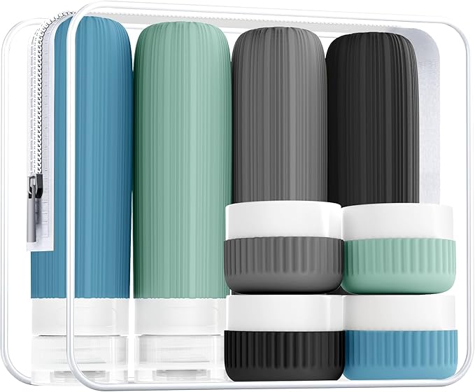 Travel Bottles for Toiletries, Leakproof Silicone Squeezable Cosmetic Liquids Bottles in Travel Size with Clear Bag, TSA Approved Refillable Cosmetic Container Kits for Shampoo and More (Blue)