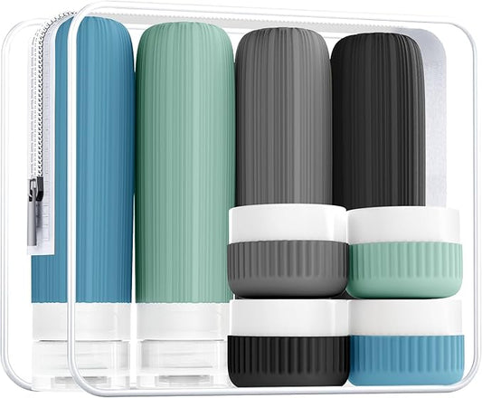 Travel Bottles for Toiletries, Leakproof Silicone Squeezable Cosmetic Liquids Bottles in Travel Size with Clear Bag, TSA Approved Refillable Cosmetic Container Kits for Shampoo and More (Blue)