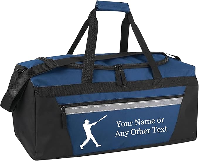 Personalized Sports Duffel Bags for Men and Women - 22” Customized Travel Duffle with Name & Baseball Design - Water Resistant Two-Toned Overnight Weekender Bag - Navy